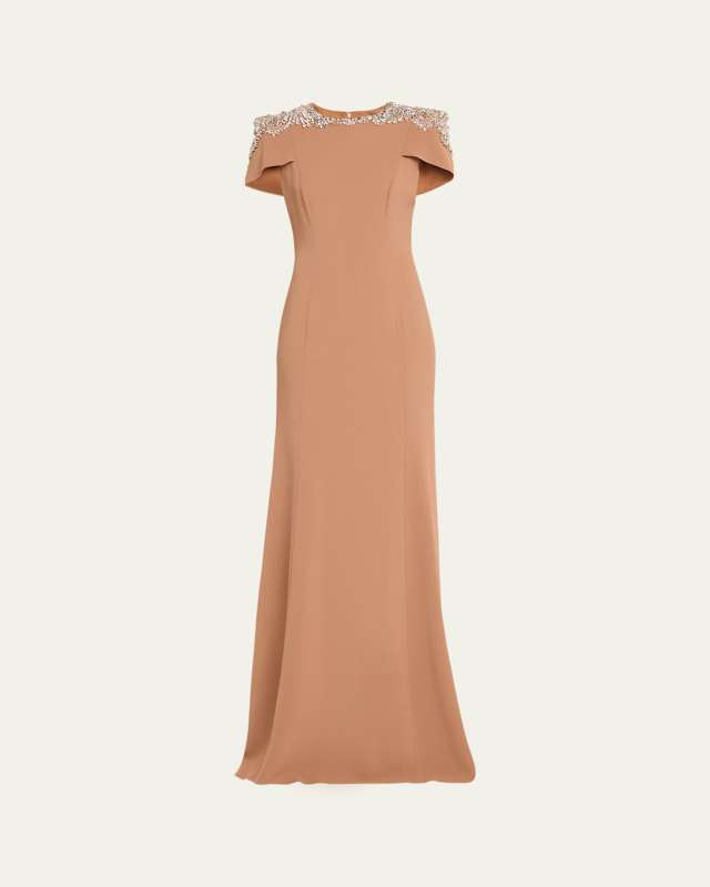 Polaris Crystal Trumpet Cap-Sleeve Gown